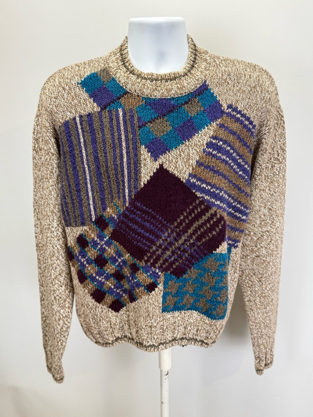 COLOURS by ALEXANDER JULIAN Beige purple blue Patchwork Crewneck Sweater size M